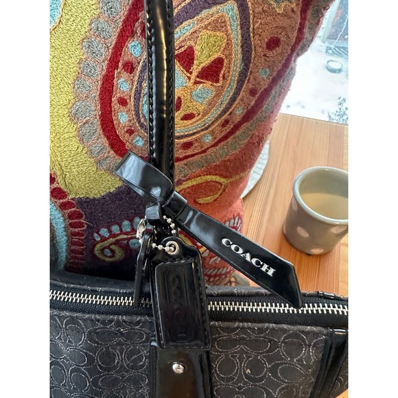 Coach Poppy Metallic Signature "C" Tote Bag In Charcoal With Patent Leather Trim - Picture 3 of 10